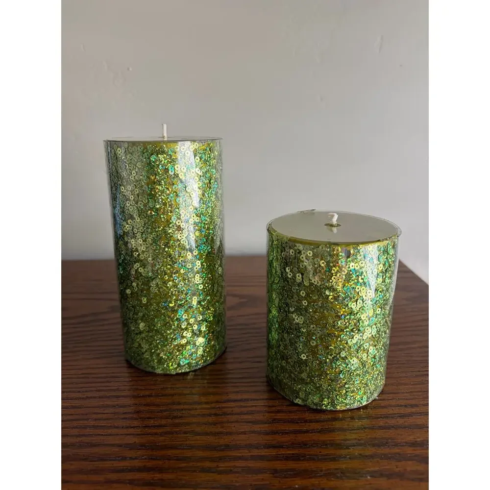 Celebrate It Sequin Shiny Green Decorative Halloween Pillar Candles 2PK